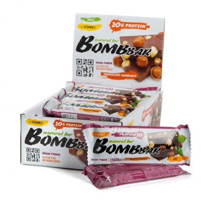 Батончик протеиновый Bombbar (коробка 20 шт.), Шоколад-фундук