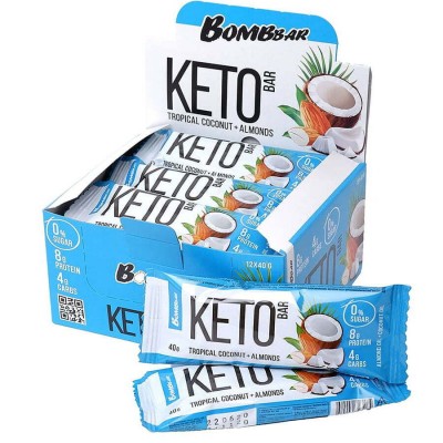 Батончик Кето Bombbar 40гр (коробка 12 шт.), Со вкусом тропического кокоса и миндаля