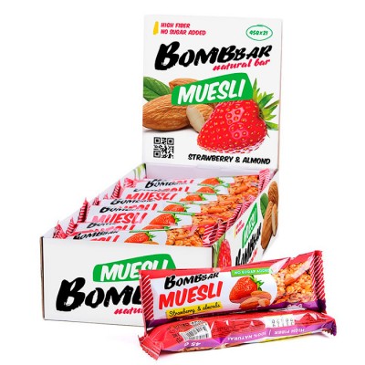 Батончики Bombbar Muesli, клубника-миндаль, 21 шт х 45 г