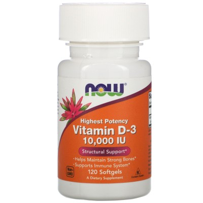 Витамин D-3, Высокоактивный, 10.000 МЕ, 120 мягких таблеток, (Now Foods)