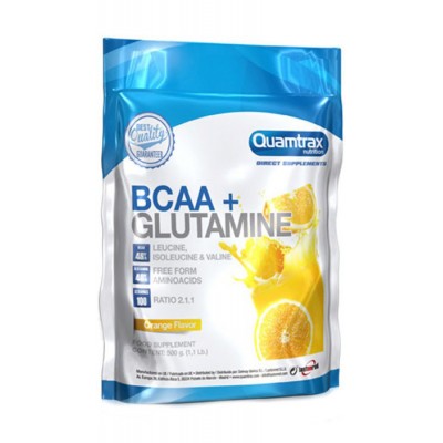 Аминокислоты Quamtrax Nutrition BCAA 2:1:1 + Glutamine Powder, апельсин, 500 г